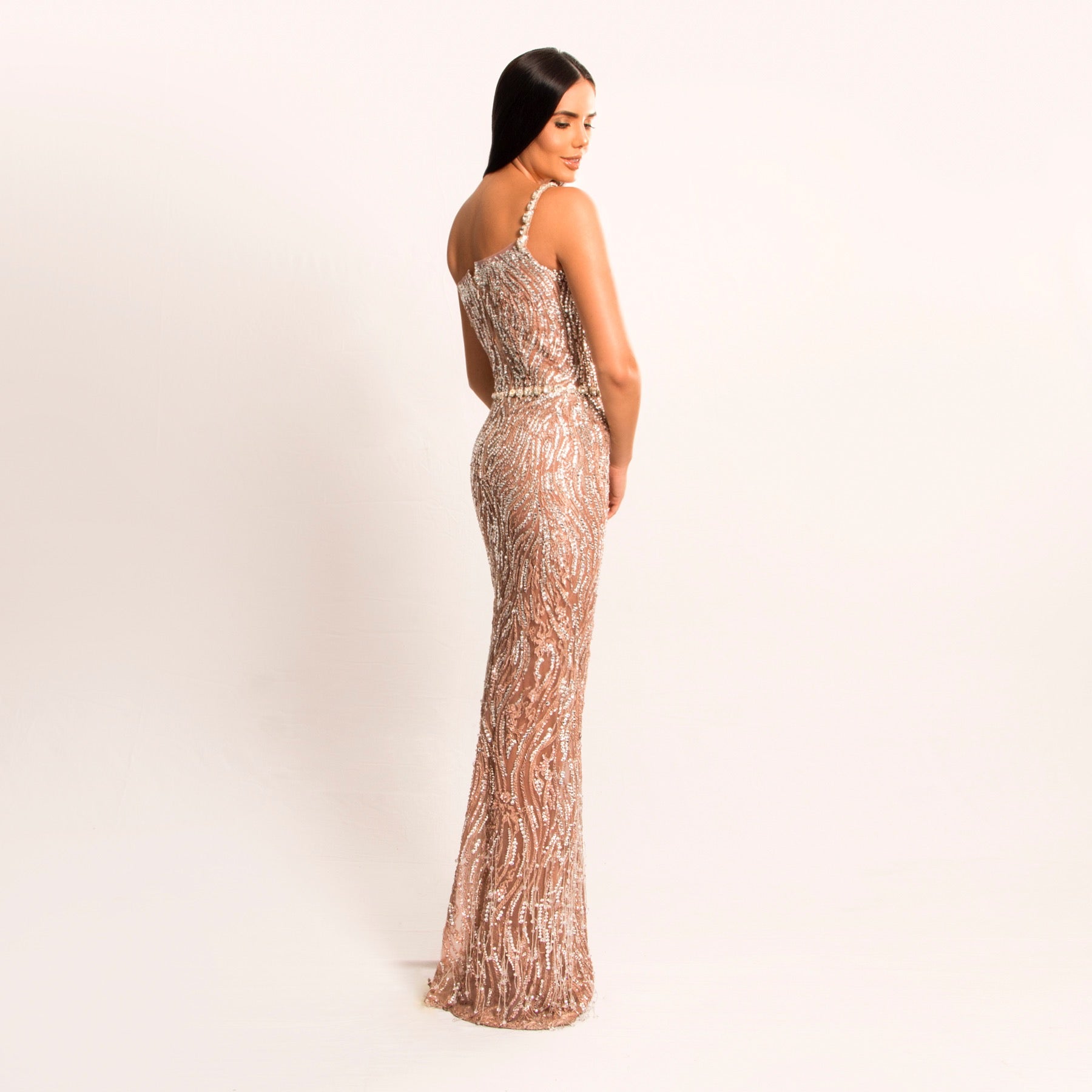 Nude Color Dress with Silver Embroidery