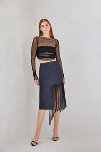 Denim and fringe skirt, fitted zipper along the back
